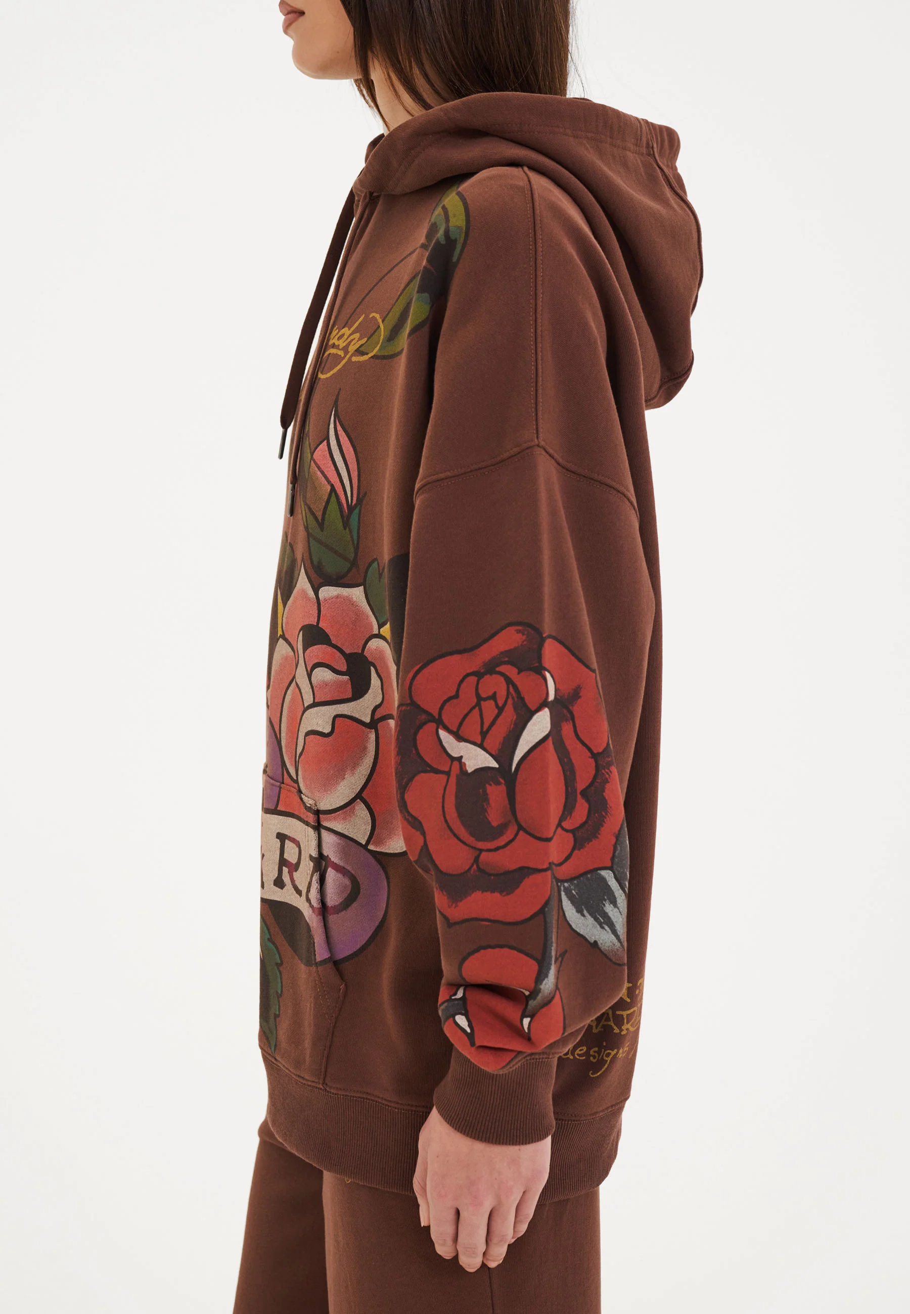 Womens Love Hard Graphic Relaxed Pouch Hoodie - Brown - Image 3