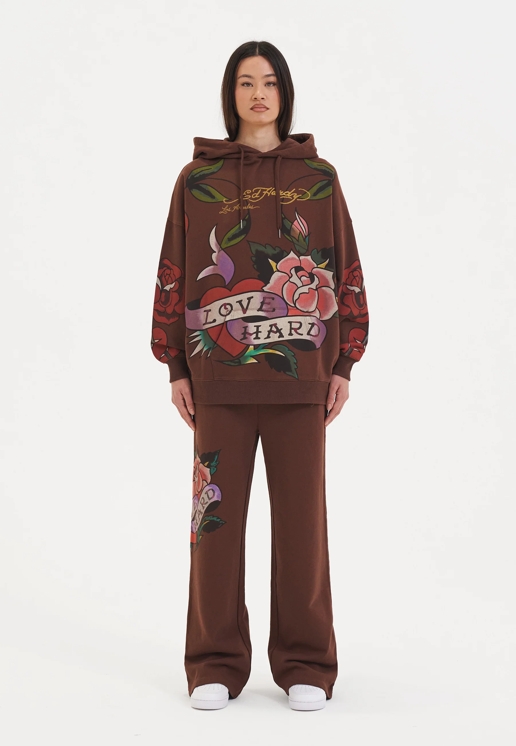 Womens Love Hard Graphic Relaxed Pouch Hoodie - Brown - Image 5