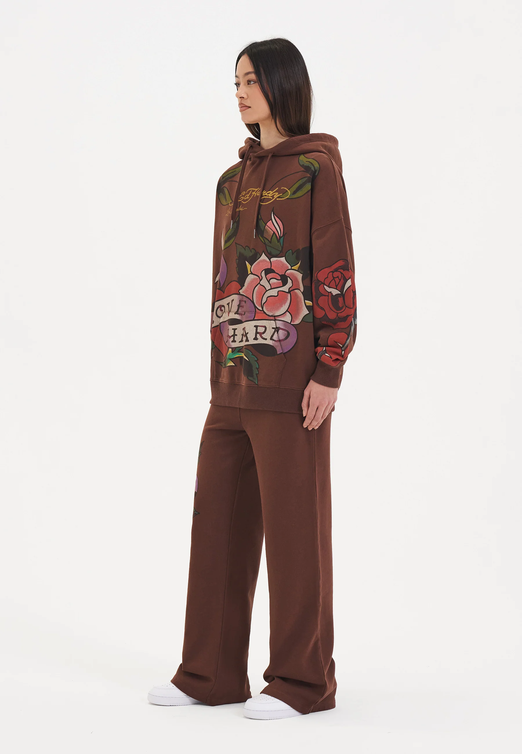 Womens Love Hard Graphic Relaxed Pouch Hoodie - Brown - Image 7