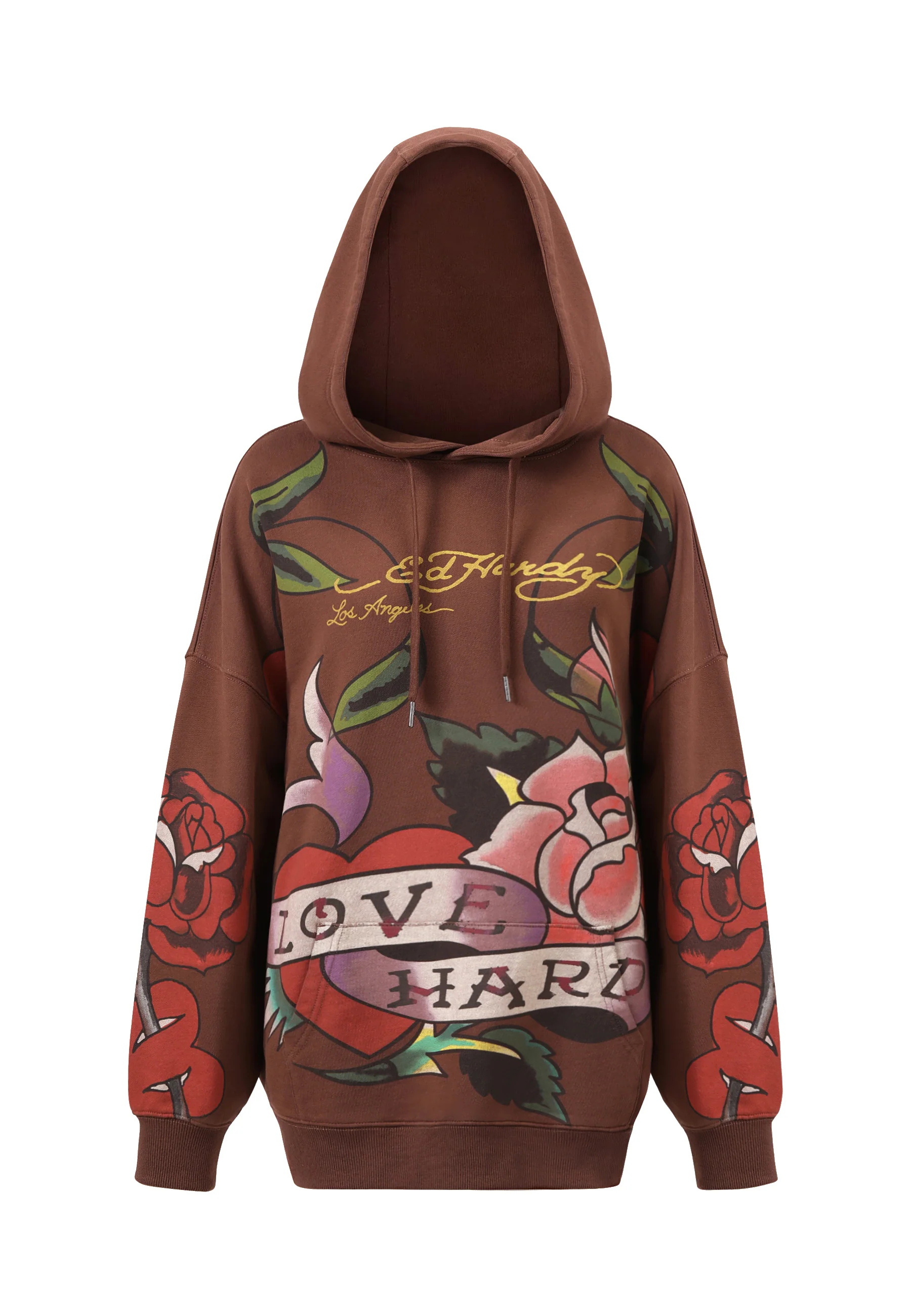 Womens Love Hard Graphic Relaxed Pouch Hoodie - Brown - Image 8