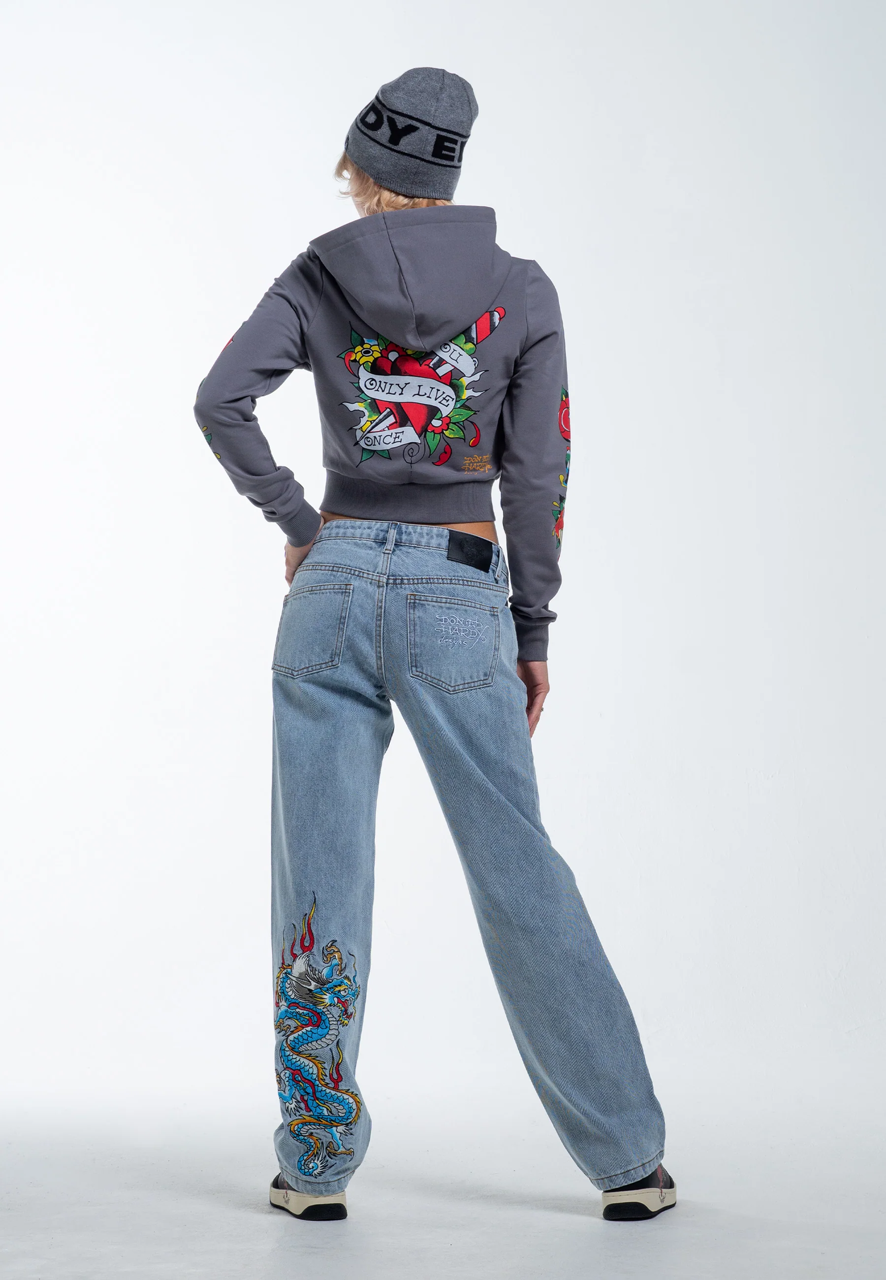 Womens Only Live Once Cropped Zip Through Hoodie - Grey - Image 3