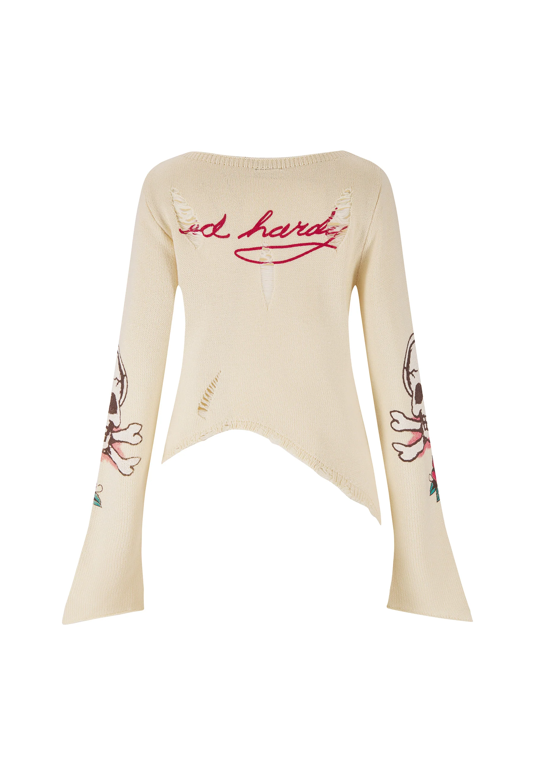 Womens Skull And Roses Distressed Knitted Jumper - Ecru - Image 10