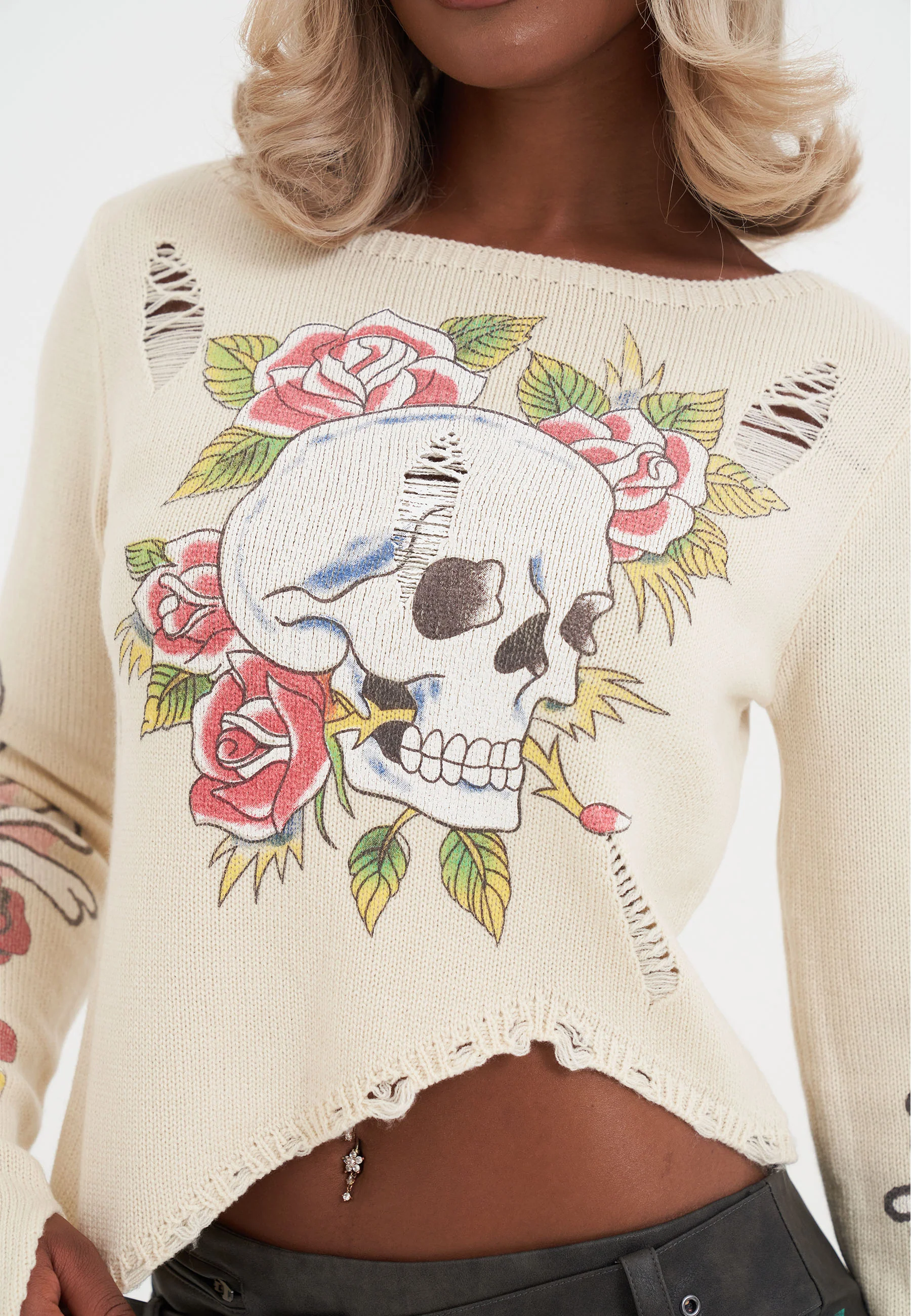 Womens Skull And Roses Distressed Knitted Jumper - Ecru - Image 6