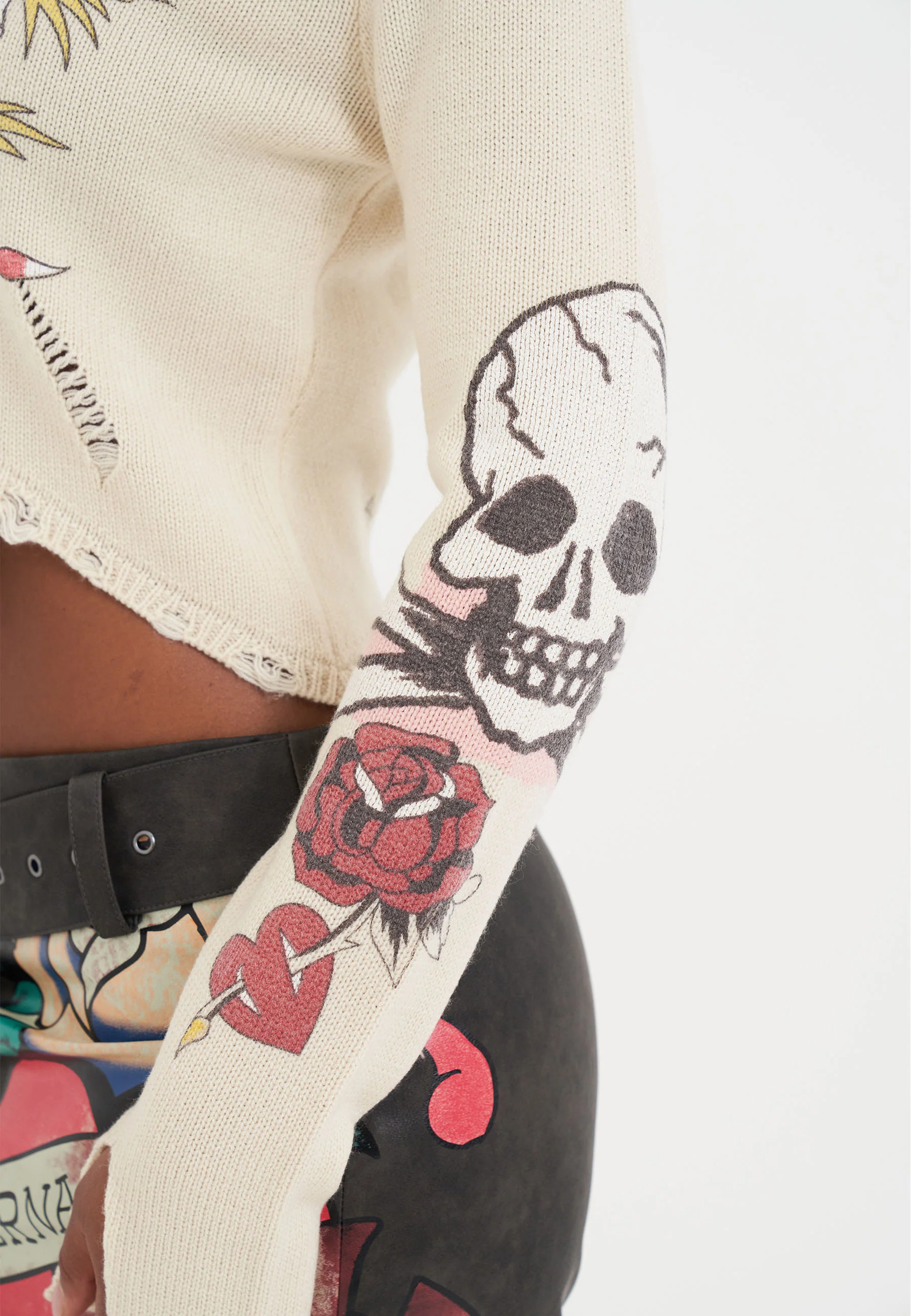 Womens Skull And Roses Distressed Knitted Jumper - Ecru - Image 7