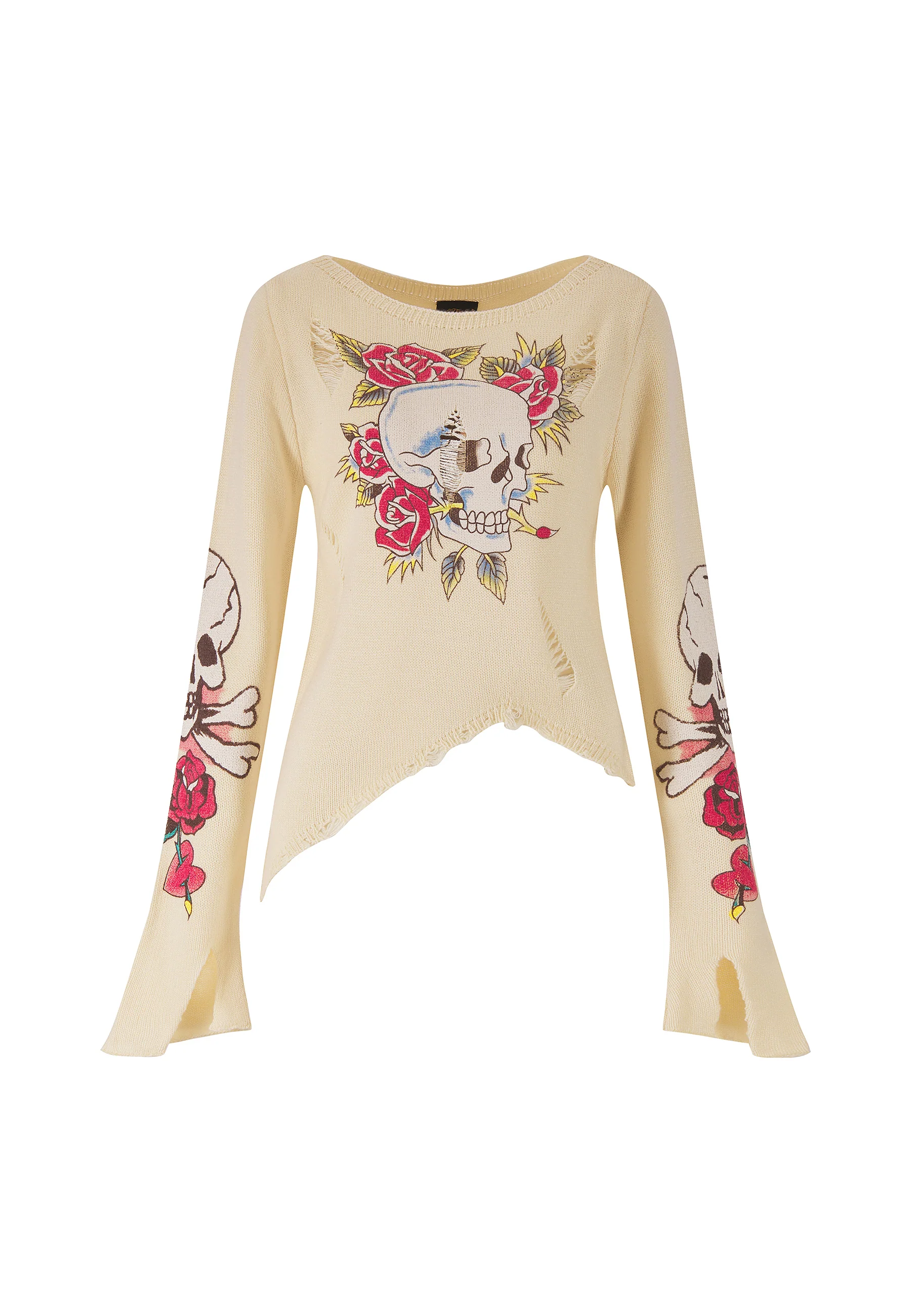 Womens Skull And Roses Distressed Knitted Jumper - Ecru - Image 9
