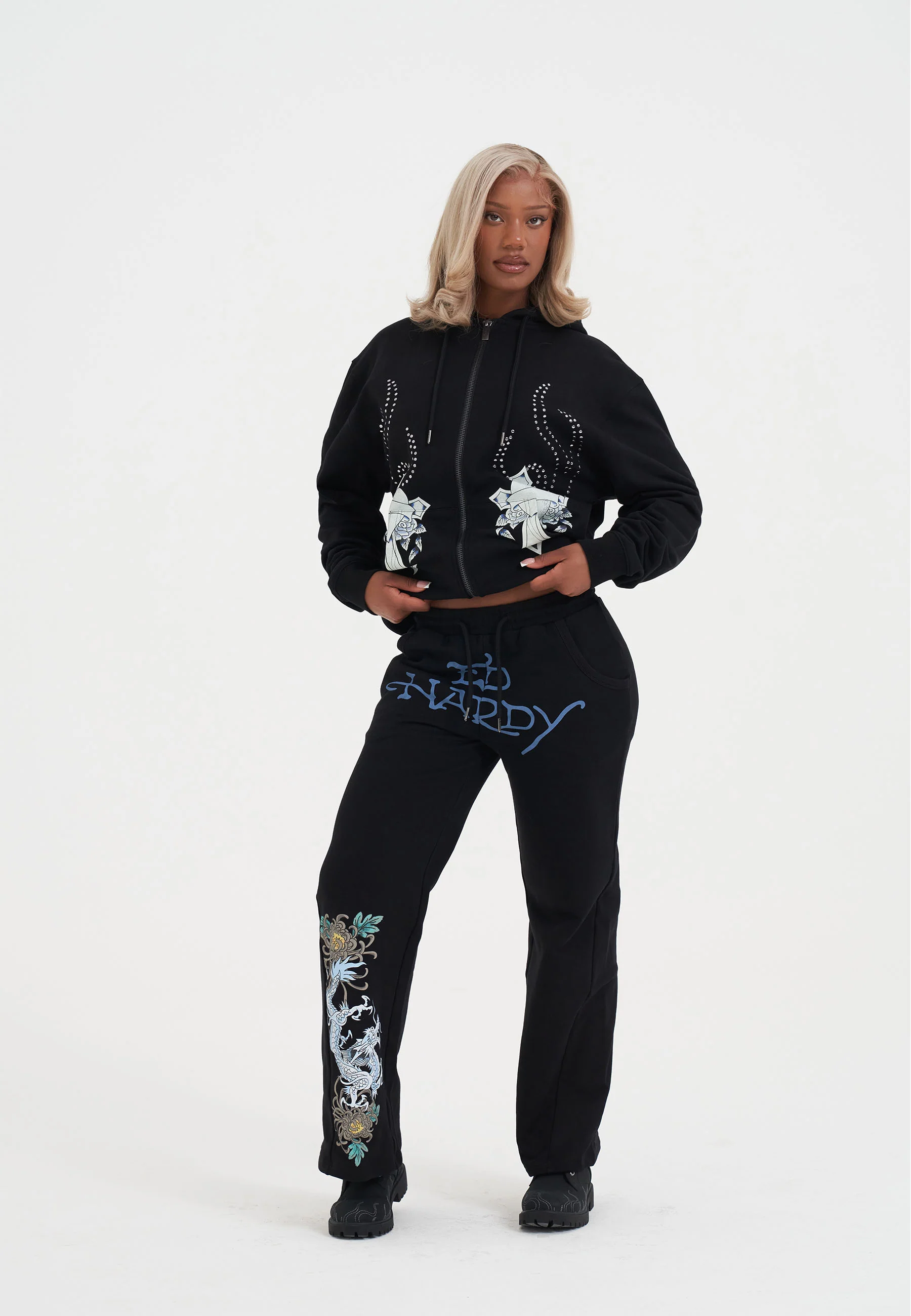Womens Studded Floral Dragon Tracksuit Pants - Black - Image 3