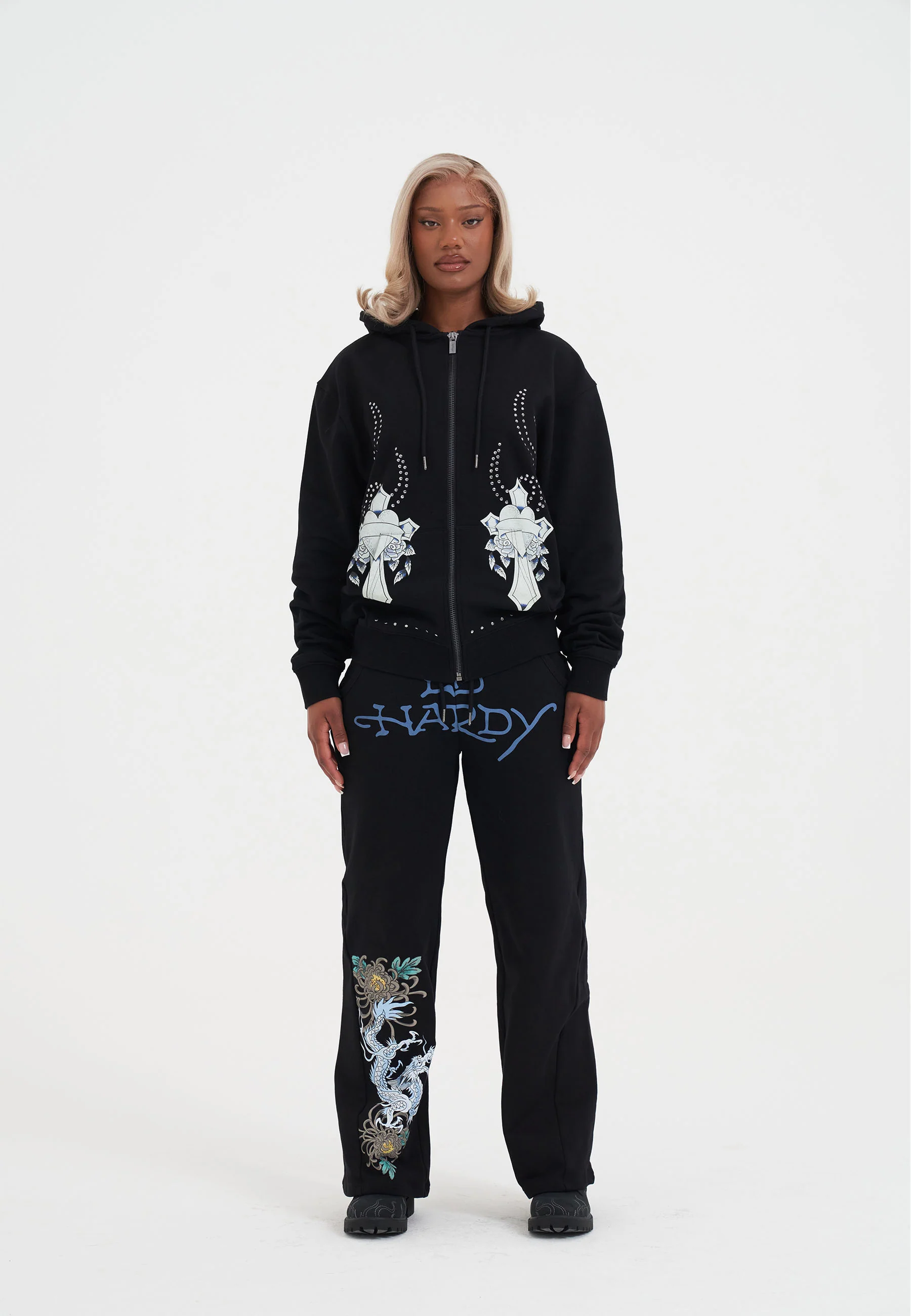 Womens Studded Floral Dragon Tracksuit Pants - Black - Image 5