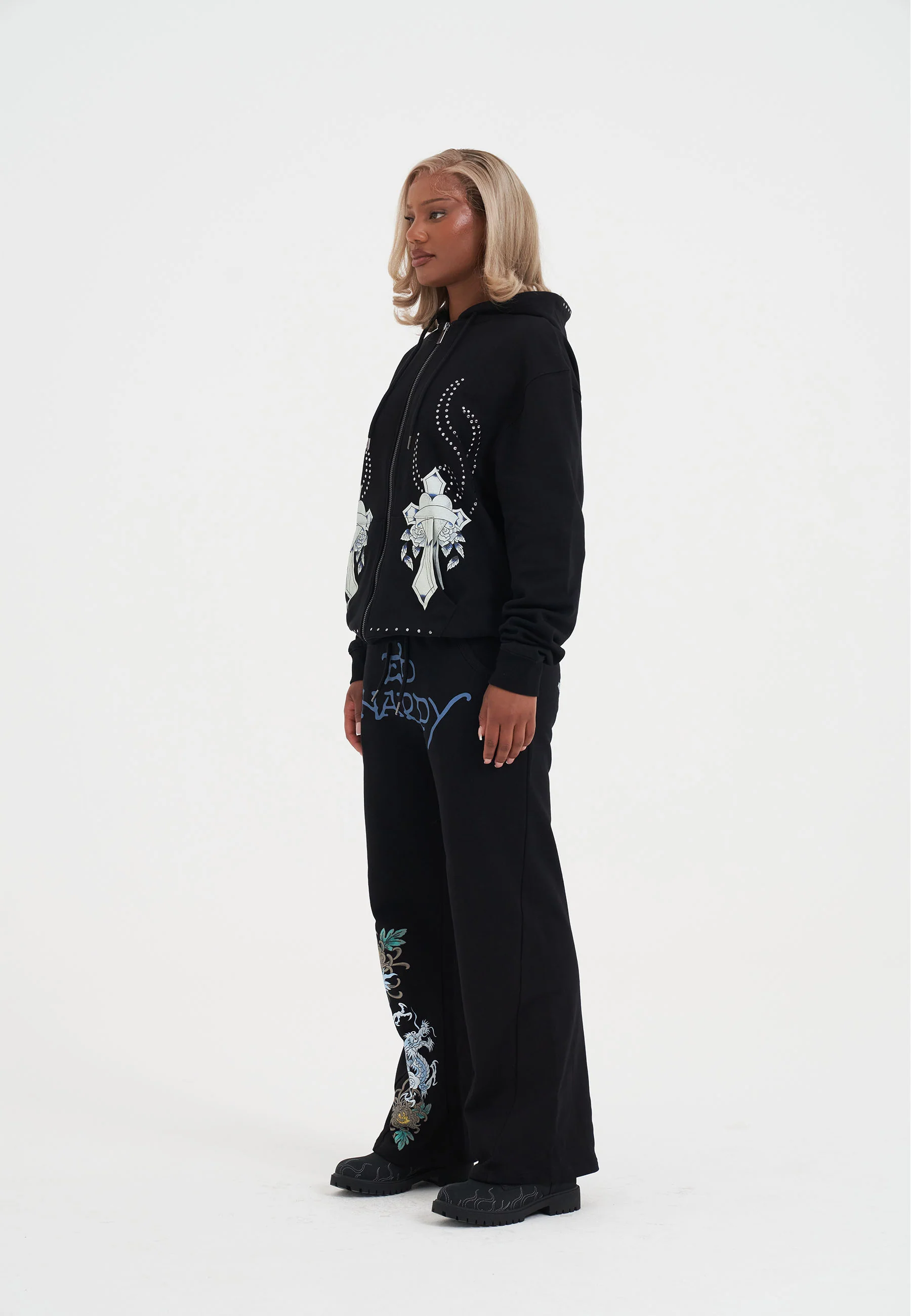 Womens Studded Floral Dragon Tracksuit Top - Black - Image 4