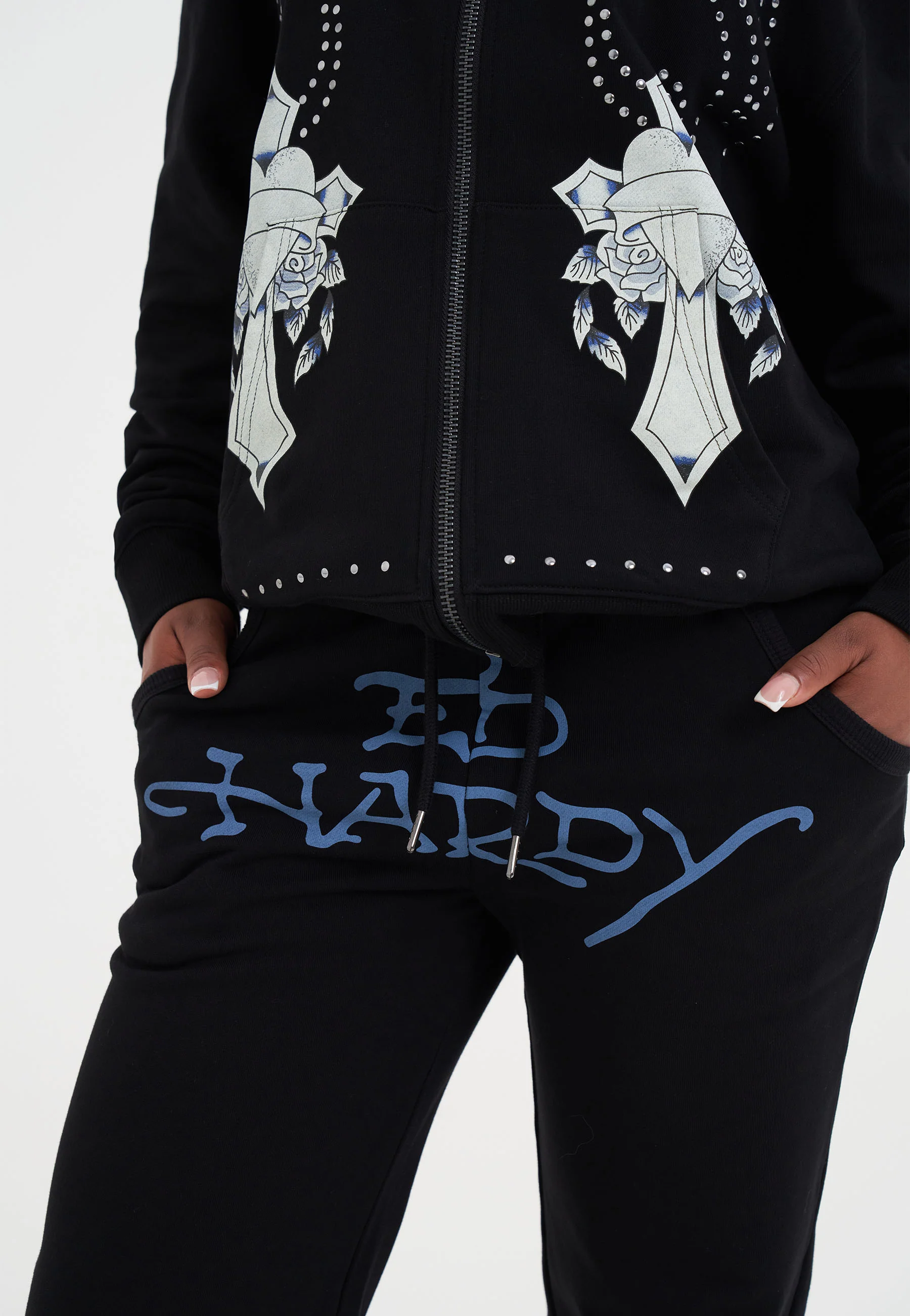 Womens Studded Floral Dragon Tracksuit Top - Black - Image 7