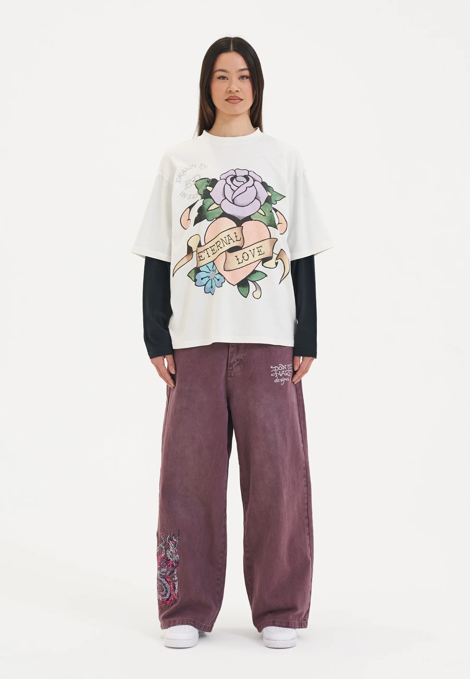 Womens Vintage Eternal Double Sleeve Relaxed Tshirt Top - White - Image 4